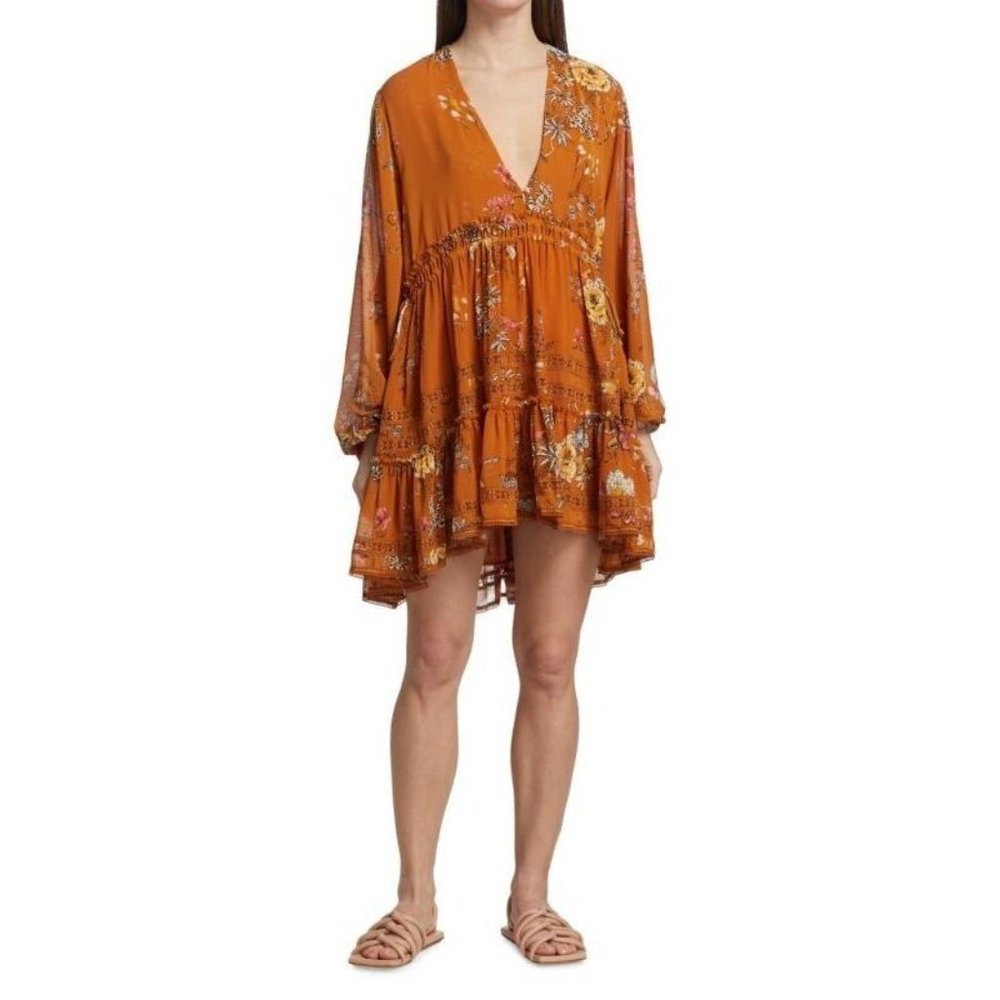 Free People Women's Orange Long Sleeve Cherry Blossom Mini Dress Medium NWT